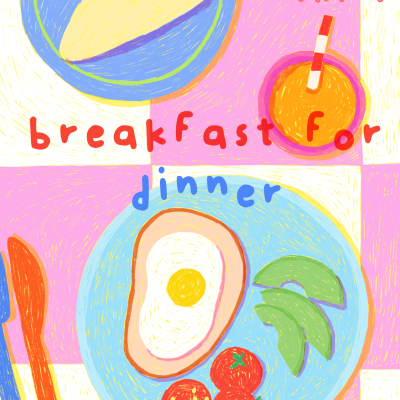 Ilustração de prato com comida e bebida em fundo colorido com texto.