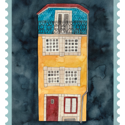 Ilustração de selo postal com casa amarela de três andares