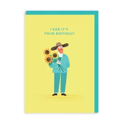 Cartão de aniversário amarelo com homem segurando girassóis e texto azul