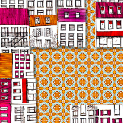 Padrões de tecido com ilustrações de edifícios coloridos sobre azulejos amarelos e laranja.