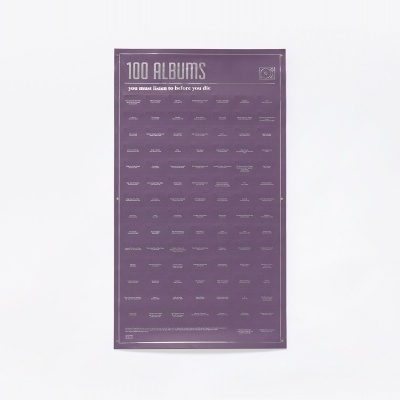 Poster roxo com lista de 100 álbuns musicais sobre fundo branco