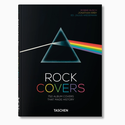 Capa de livro preta com prisma triangular e arco-íris, título Rock Covers e texto dos autores.