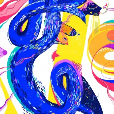 Ilustração abstrata com figura serpentina azul em fundo amarelo e elementos coloridos