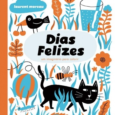 Capa de livro colorido com gato preto, pássaro, flores e copo com canudo