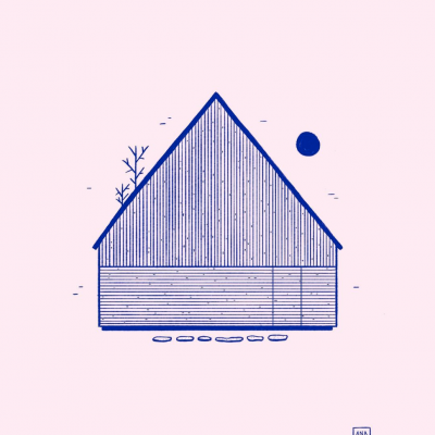 Desenho minimalista de casa triangular azul num fundo rosa com árvores e lua/sol.