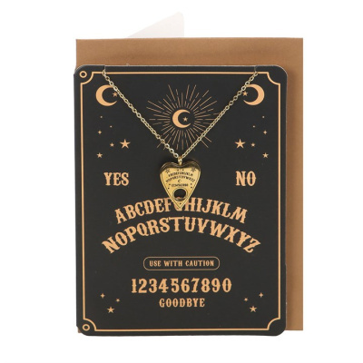 Colar dourado com pingente em forma de coração e cartão em estilo tabuleiro Ouija