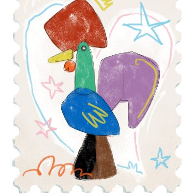 Ilustração colorida de um galo com estrela e coroa no fundo