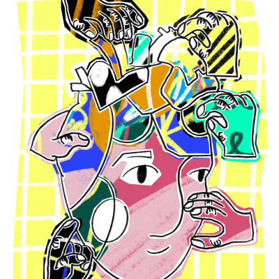 Ilustração colorida de cabeça humana estilizada com mãos segurando copos, fundo amarelo com grelha branca