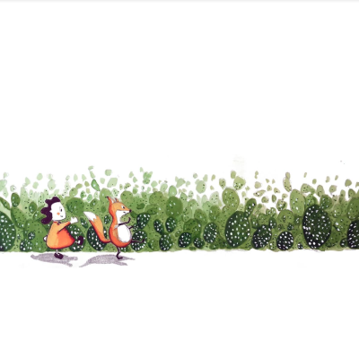 Ilustração de menina e esquilo a caminhar junto a sebe verde com plantas variadas