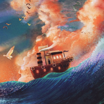 Ilustração de barco de madeira em ondas azuis com céu cor de laranja e aves voando