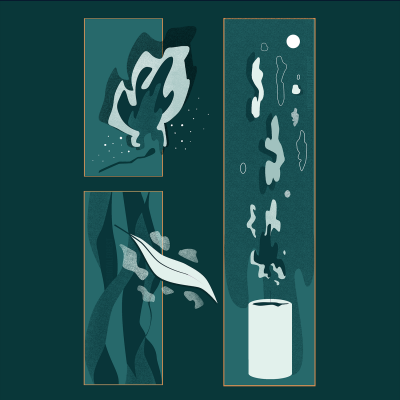 Imagem gráfica abstrata com formas orgânicas verdes e azuladas em três painéis verticais