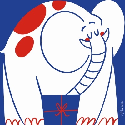 Ilustração de elefante branco com manchas vermelhas segurando presente azul com laço vermelho.