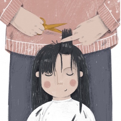 Ilustração de corte de cabelo a uma criança com cabelo preto comprido