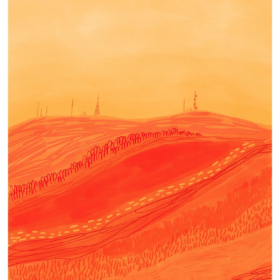 Paisagem ilustrada em tons de laranja e vermelho com colinas e antenas no horizonte