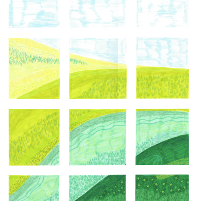 12 quadrados com paisagens desenhadas à mão em tons de azul, verde e amarelo