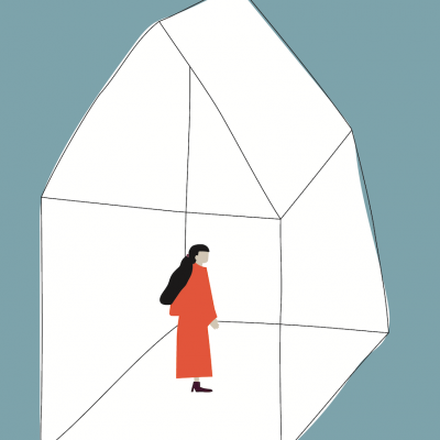 Figura feminina com casaco vermelho dentro de forma geométrica branca num fundo azul