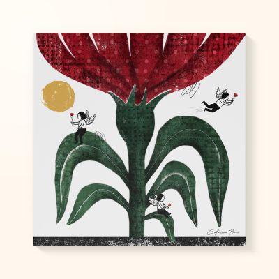 Tela decorativa com grande flor vermelha, folhas verdes e fadas pequenas a segurar flores vermelhas