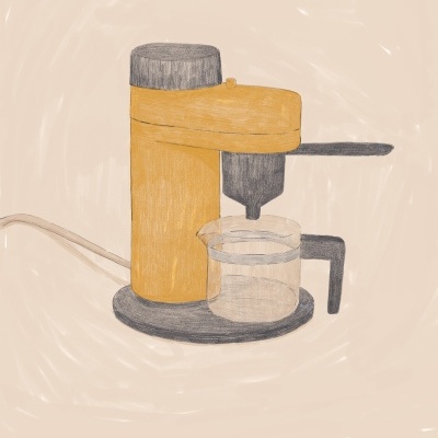 Máquina de café expresso amarela com recipiente de vidro e detalhes pretos