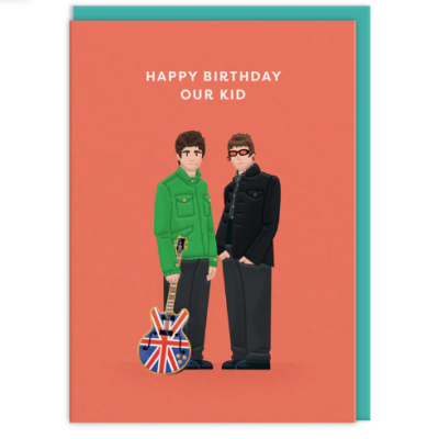 Cartão de aniversário com ilustração de dois homens e texto em branco