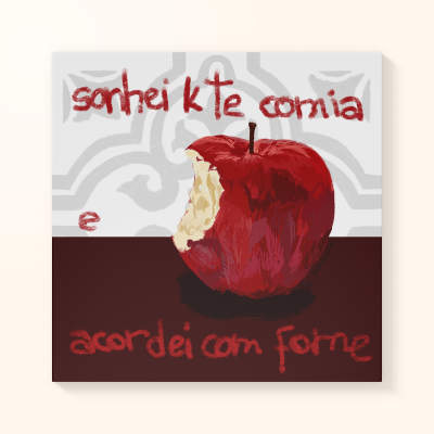 Imagem digital de uma maçã vermelha mordida com texto vermelho em fundo dividido branco e castanho