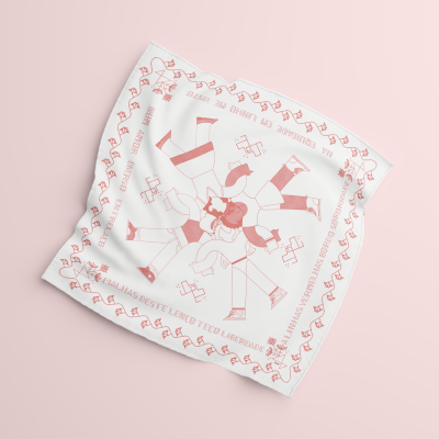 Lenço branco com padrão rosa de figuras humanas em círculo e borda decorativa