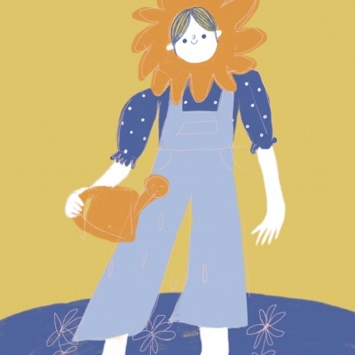 Ilustração de pessoa com cabeça de flor e jardineira azul