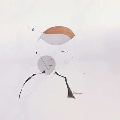 Desenho minimalista de um rosto humano em perfil com formas ovais e linhas finas pretas