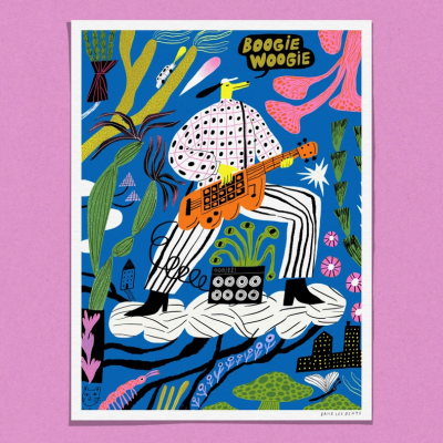 Ilustração colorida de personagem com cabeça de cão a tocar guitarra laranja, com plantas e texto BOOGIE WOOGIE