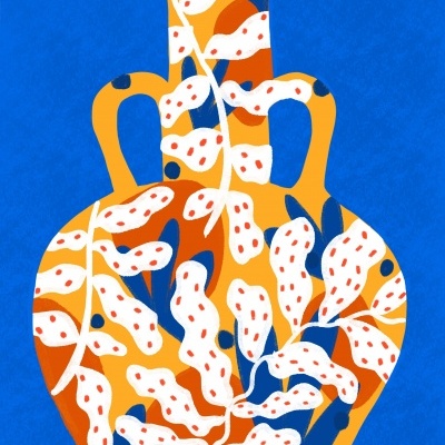 Vaso decorativo colorido com padrão de folhas brancas e pontos vermelhos