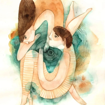 Ilustração artística de figuras humanas entrelaçadas com roupas listradas e fundo abstrato