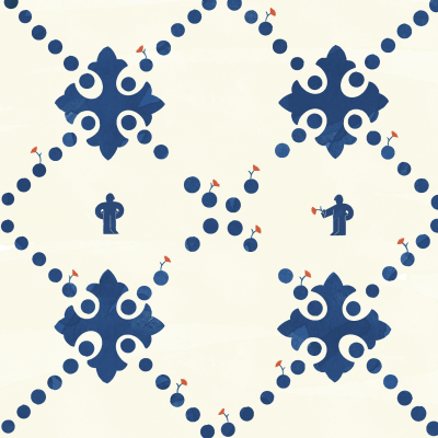 Padrão decorativo azul e bege com figuras a tocarem trompete