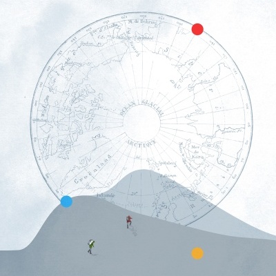 Ilustração do Polo Norte com figuras humanas a caminhar em montanha cinzenta e pontos coloridos.