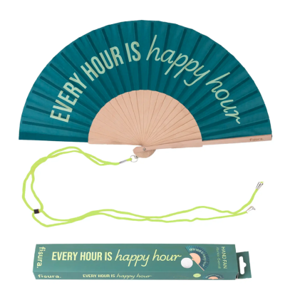 Leque azul com texto 'EVERY HOUR IS happy hour' e embalagem verde correspondente