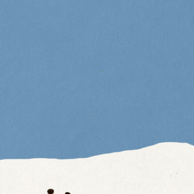 Ilustração minimalista de banco cinzento com duas figuras humanas sobre neve e céu azul.