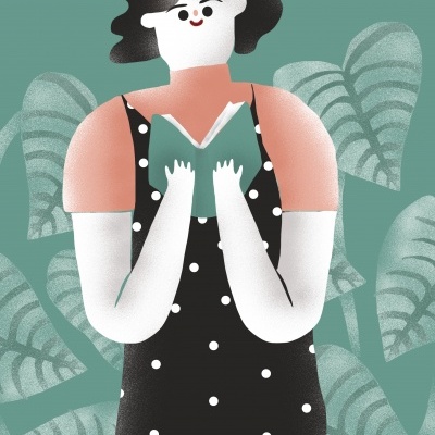 Ilustração de pessoa com vestido de bolinhas a segurar um livro verde