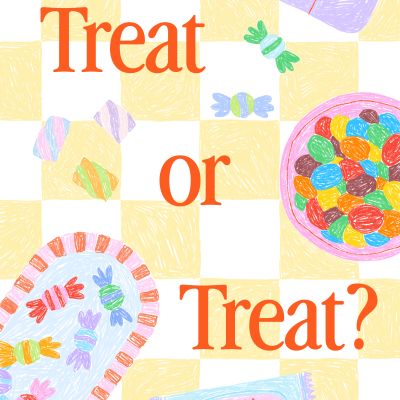 Ilustração de doces coloridos sobre fundo quadriculado amarelo e branco com textos em laranja e verde.