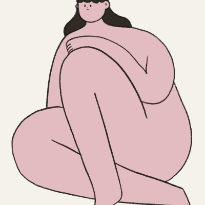 Ilustração de figura humana sentada nua com cabelo castanho e fundo bege claro