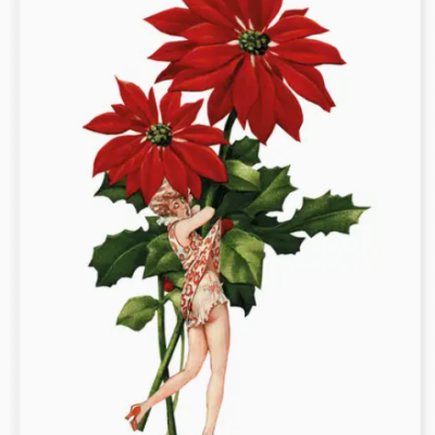 Ilustração de mulher abraçando flores vermelhas com folhas verdes