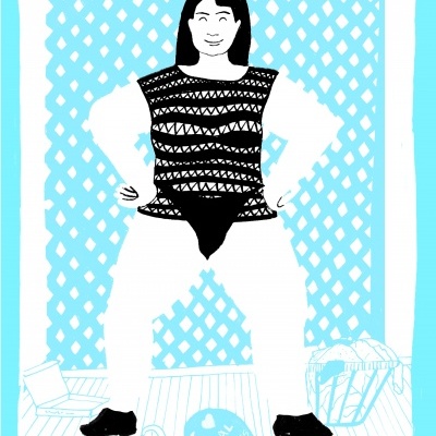 Desenho de pessoa com roupa preta e branca em frente a padrão de treliça azul