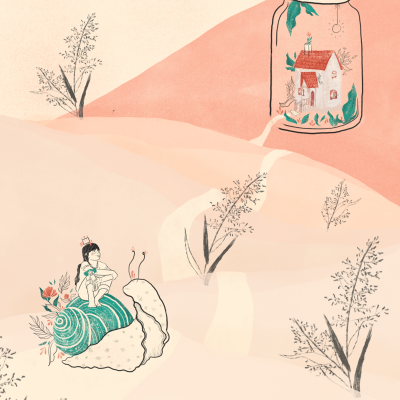 Ilustração de menina numa lesma e jarra de vidro com casa