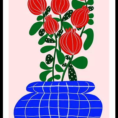 Ilustração de vaso azul com flores vermelhas e folhas verdes em fundo rosa