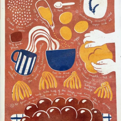 Ilustração dos ingredientes e preparação do pão challah com texto escrito à mão num fundo vermelho.