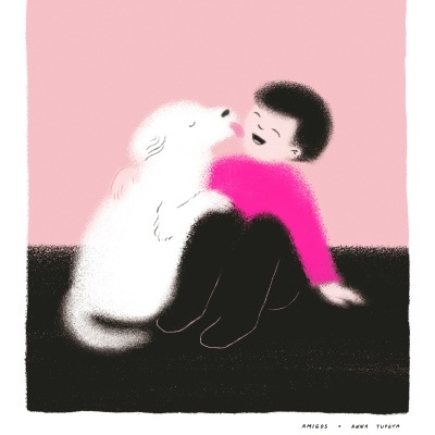 Ilustração de criança sentada e abraçada a cão branco com fundo rosa e preto