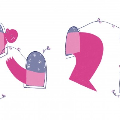 Ilustração de pássaros e casas estilizados em rosa e azul