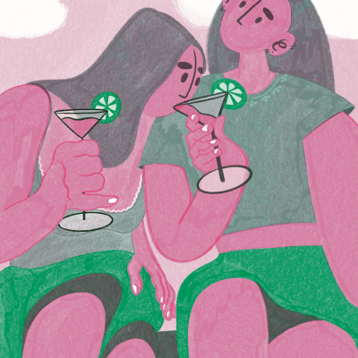 Ilustração de duas mulheres com copos de cocktail e limão com fundo rosa