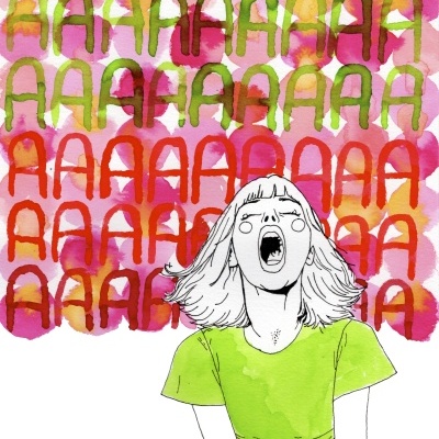 Jovem a gritar com vestido verde e letras A coloridas ao fundo.