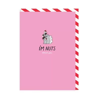 Cartão cor-de-rosa com ilustração de esquilo e texto I'm Nuts about you.