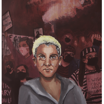 Pintura de manifestação com pessoa loira ao centro e grupo ao fundo com máscaras e cartazes