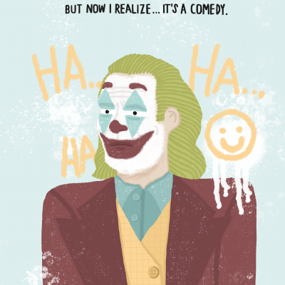 Ilustração de palhaço com texto em inglês sobre a vida como comédia