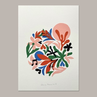Poster artístico colorido com flores e notas musicais abstratas